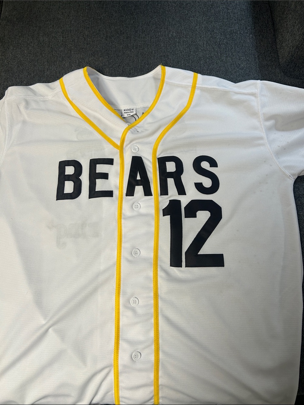 BAD NEWS BEARS 12 Baseball Jersey in White and Yellow Trim